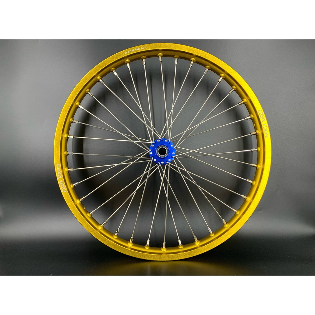EBMX Xtreme Wheels for Surron Gold Rim Blue Hub Side View