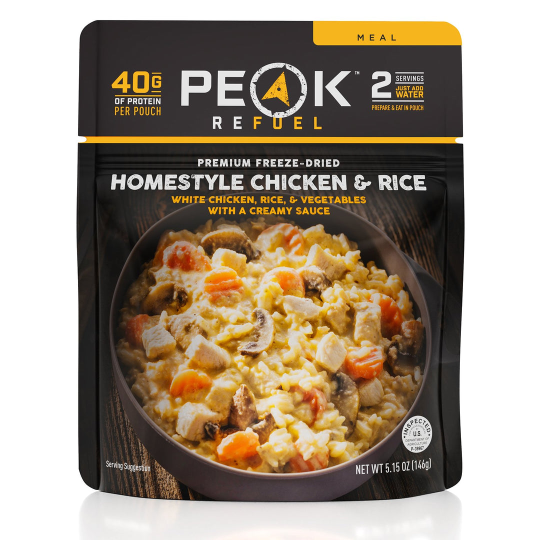 Peak Refuel Premium Freeze-Dried Homestyle Chicken & Rice. 2 servings, just add water.