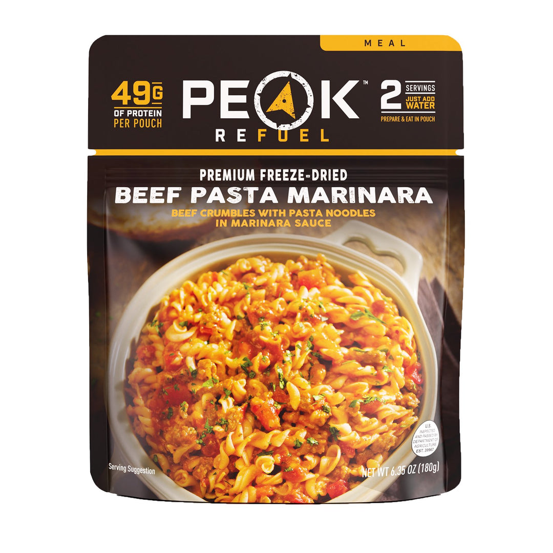 Peak Refuel Premium Freeze-Dried Beef Pasta Marinara. 2 servings, just add water.