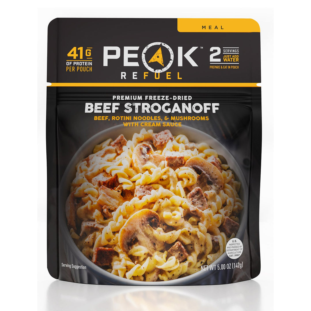 Peak Refuel Premium Freeze-Dried Beef Stroganoff. 2 servings, just add water.