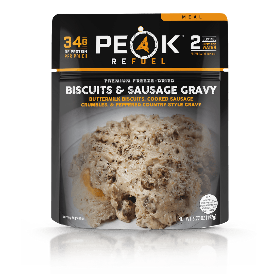 Peak Refuel Premium Freeze-Dried Biscuits & Gravy. 2 servings, just add water.