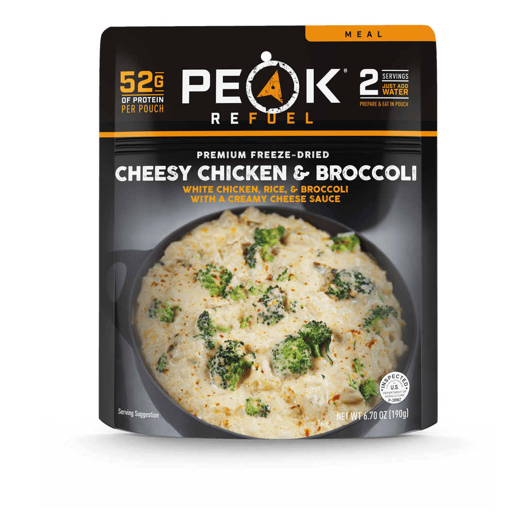 Peak Refuel Premium Freeze-Dried Cheesy Broccoli Chicken & Rice. 2 servings, just add water.