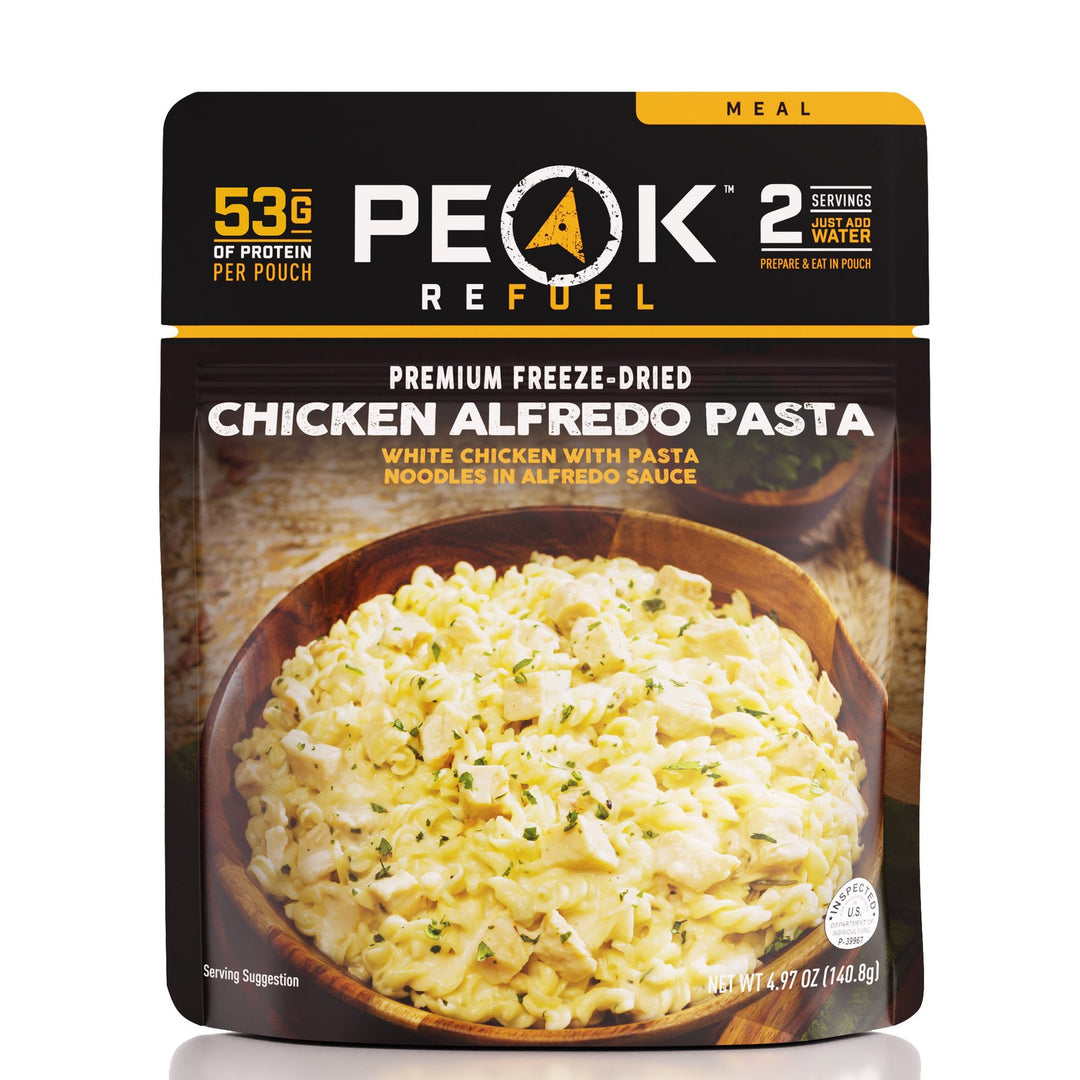 Peak Refuel Premium Freeze-Dried Chicken Alfredo Pasta. 2 servings, just add water.