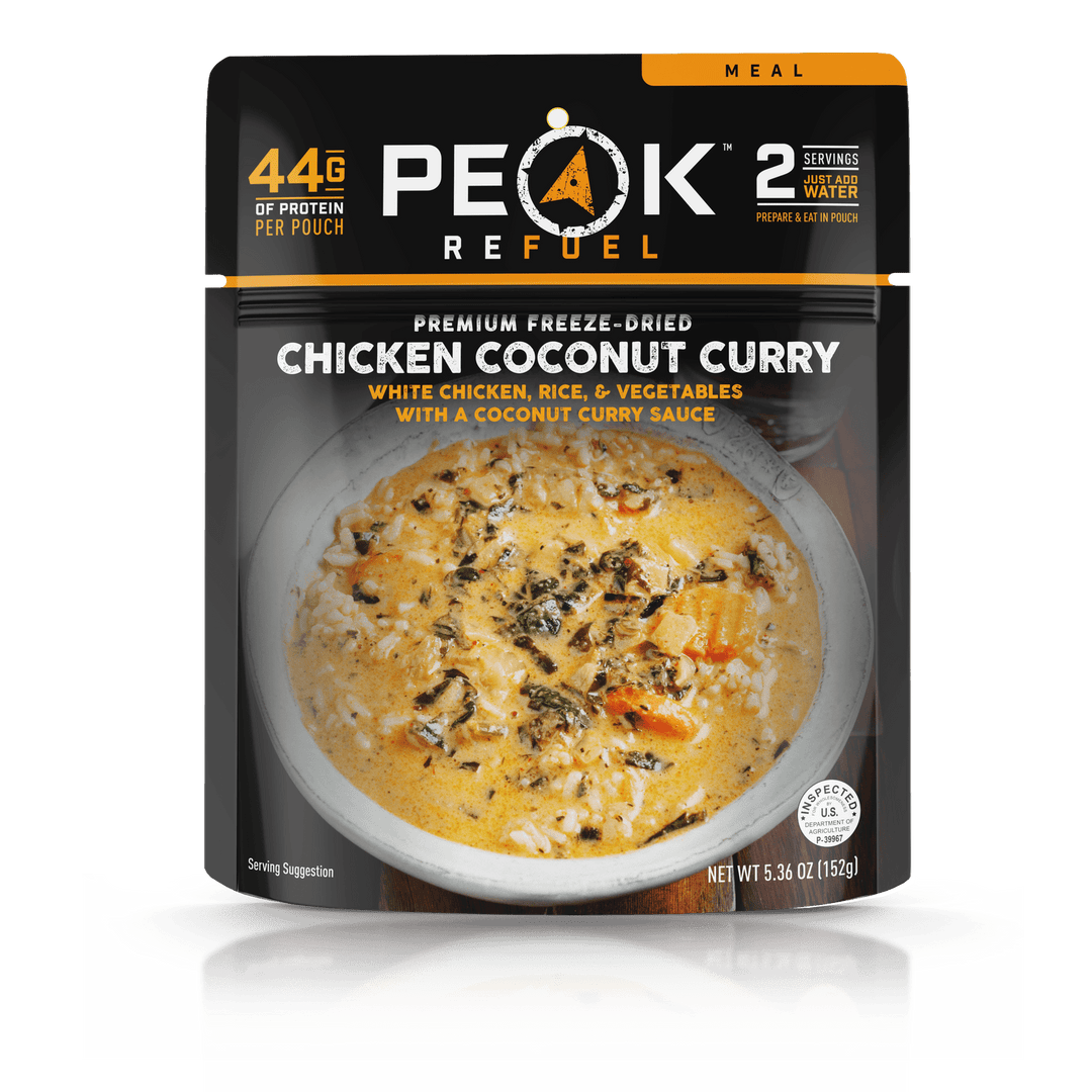 Peak Refuel Premium Freeze-Dried Chicken Coconut Curry. 2 servings, just add water.