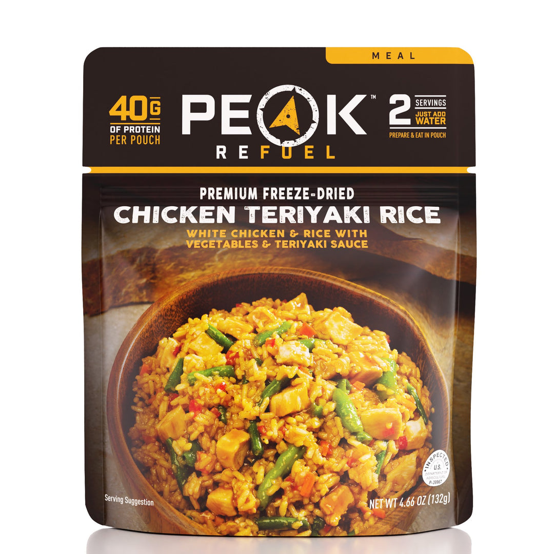 Peak Refuel Premium Freeze-Dried Chicken Teriyaki Rice. 2 servings, just add water.