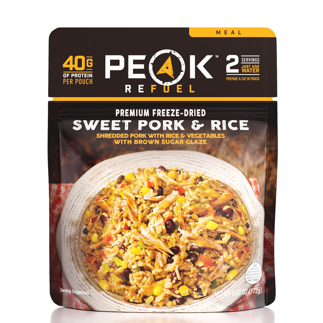 Peak Refuel Premium Freeze-Dried Sweet Pork & Rice. 2 servings, just add water.