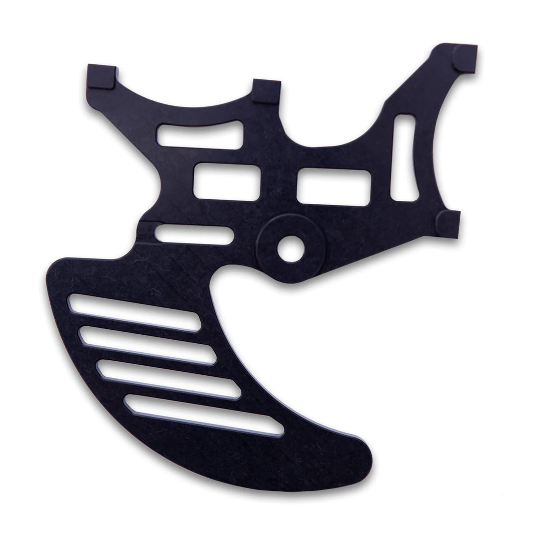 The shark fin dual caliper bracket serves as both a disc guard and enables two independent rear brakes.
