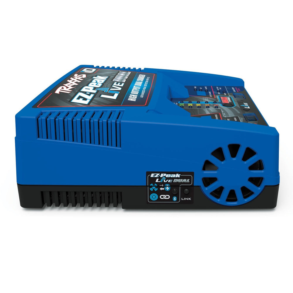 Traxxas EZ Peak Live Dual Battery Charger 200W, side view with live available connections