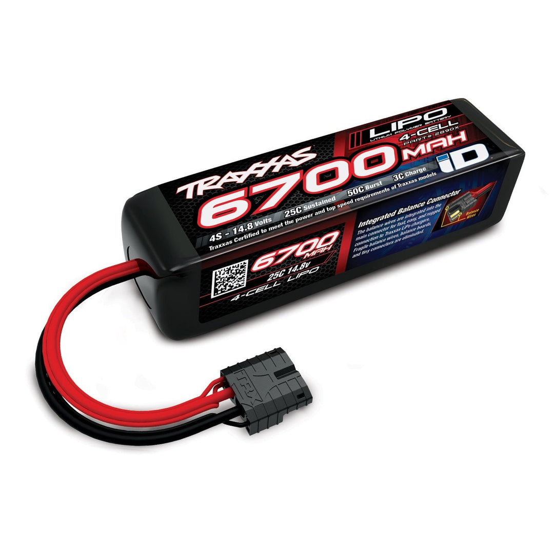 Traxxas 6700mah 14.8v 4-Cell 25C LiPo for RC Models, full battery and cable view