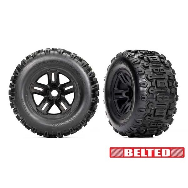 Traxxas Belted Sledgehammer Tires pre-mounted to 3.8″ black Sledge wheels