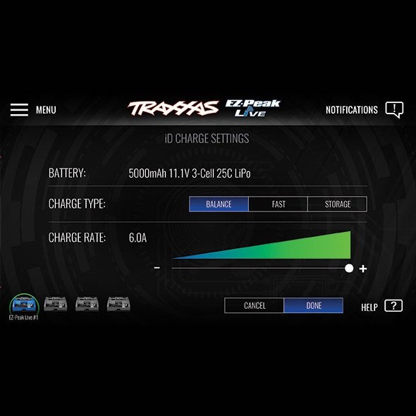 Traxxas EZ-Peak Live 12-Amp NiMH/LiPO Fast Charger charge settings display