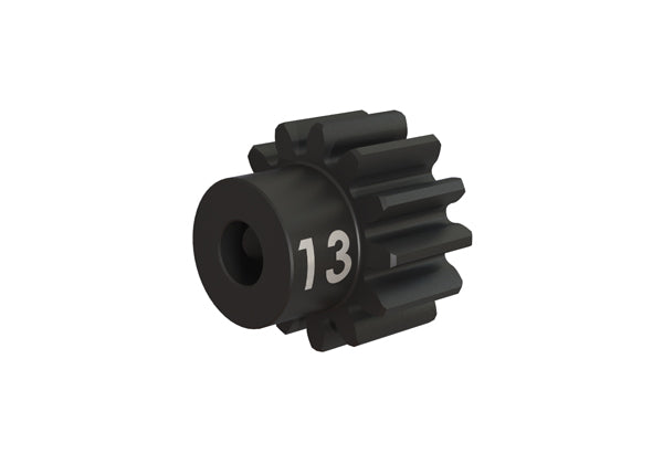 Traxxas heavy-duty 13-tooth pinion gear is machined from hardened steel for extra-long life. Fits 3 mm RC motor shafts and includes set screw.